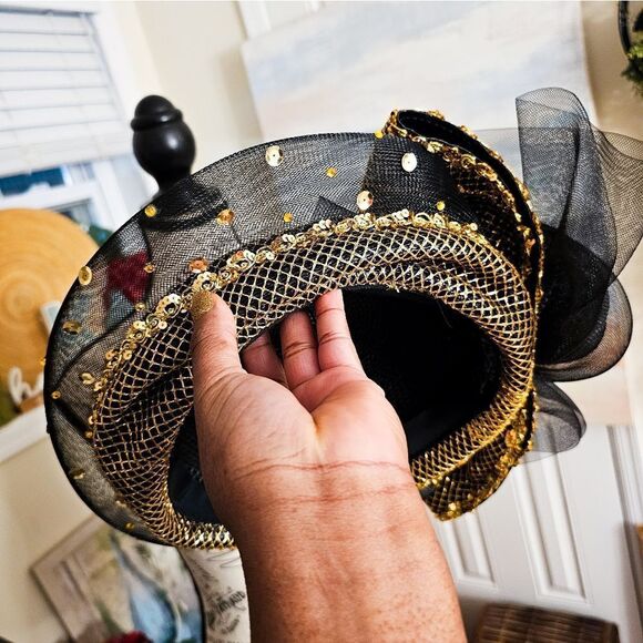 VTG Deborah New York Black & Gold Embellished Mesh Glamour Hat. main image 15